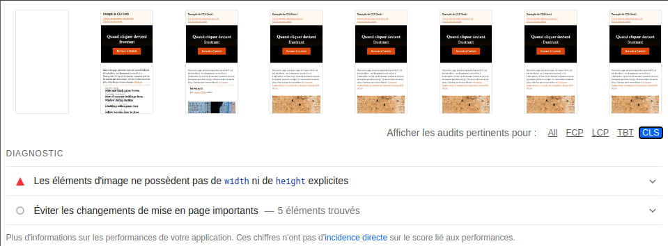 Affichage des conseils spécifiques au CLS dans la section 'Diagnostic' d'un audit Lighthouse