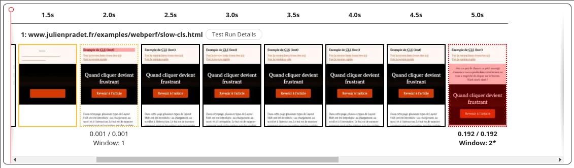 Le mĂȘme screenshot que ci-dessus mais cette fois-ci avec les parties qui impactent le Layout Shift en rouge