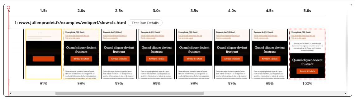 Filmstrip représentant comme la page se charge : d'abord une page blanche, puis avec des couleurs, ensuite avec les fonts, et enfin avec le bandeau de notification