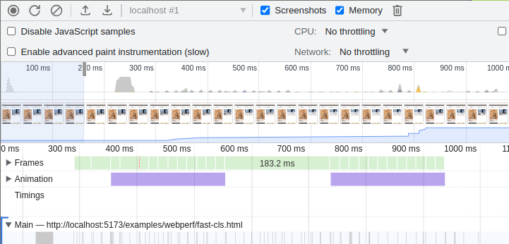 Screenshot de l'onglet performance de Chrome aprÚs avoir réalisé un enregistrement