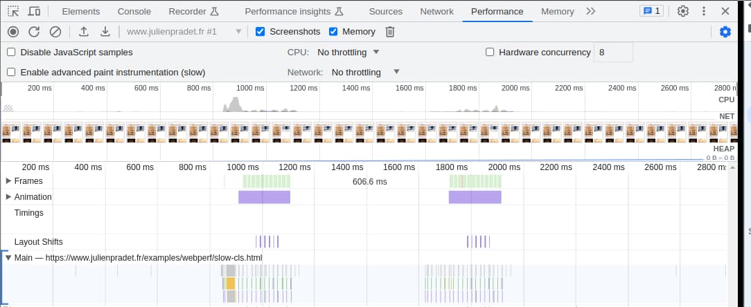 Screenshot de l'onglet performance de Chrome aprÚs avoir réalisé un enregistrement