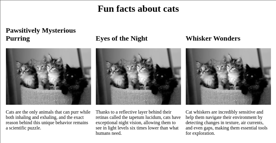 Screenshot d'une interface web qui affiche 3 articles distincts constitués d'un titre, d'une image et d'un texte