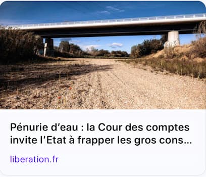 Screenshot d'une prĂ©visualisation d'article de journal qui est titrĂ© 'PĂ©nurie d'eau : la Cour des comptes invite lâĂtat Ă  frapper les gros cons...' parce que le dernier mot est tronquĂ©