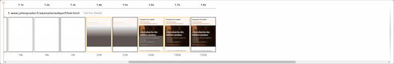 Filmstrip provenant de WebPageTest.org après le changement des images : cette fois-ci l'image du bandeau fini de se charger à 1.8s