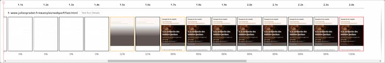 Filmstrip provenant de WebPageTest.org avant le changement des images : l'image du bandeau finit de charger à 2.4s