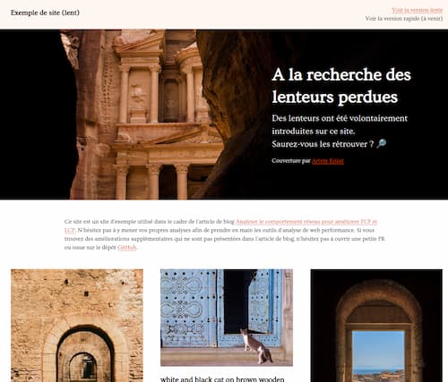 Un site très classique avec une grand bannière en fond intitulée 'A la recherche des lenteurs perdues'. La suite du site ressemble à une liste de lien vers des articles imagés.