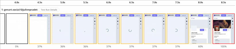 Timelapse du temps de chargement de genart.social/@julienpradet qui montre d'abord une page blanche, puis une page avec un spinner pendant 3 secondes pour enfin afficher l'image principale au bout de 8 secondes.