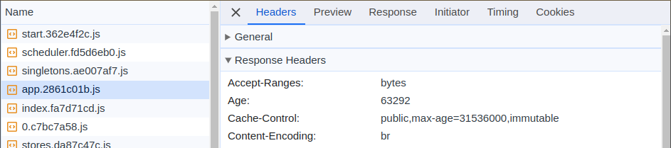 Screenshot des DevTools montrant les Response Headers Cache-Control & Content-Encoding