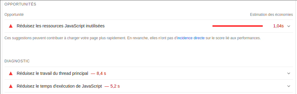Section de l'audit Performance Lighthouse qui les trois pistes mentionnées ci-dessus avec des gain de temps estimés (de 1 à 8 secondes)