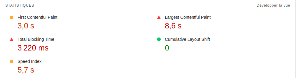 Section de l'audit Performance Lighthouse qui montre un TBT à 3 220 ms