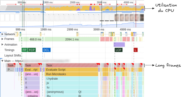 Audit Performance des DevTools qui permet de voir que la majorité du temps passé à charger le site est dédié à l'execution du JavaScript (sections 'Evaluate Script' en jaune)