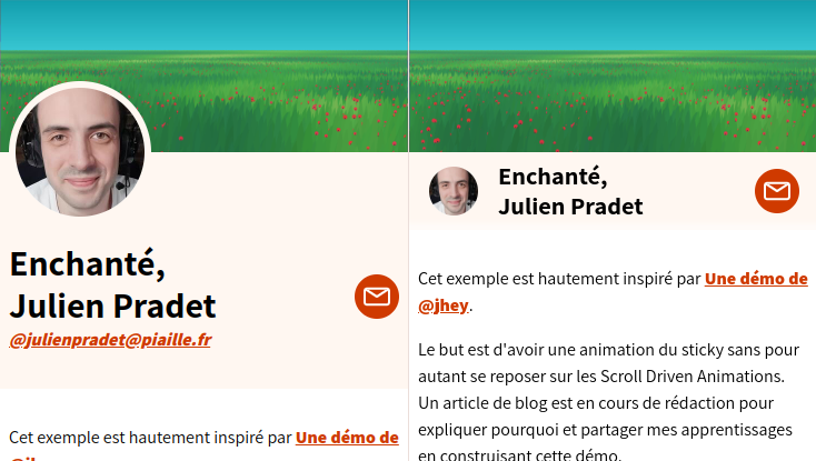 Affichage des 2 modes, normal avec le header qui prend beaucoup de place, puis sticky où le header est beaucoup plus petit