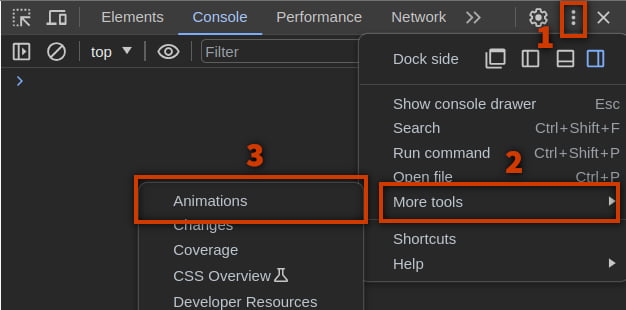 Screenshot pour ouvrir l'outil Animations dans les DevTools de Chrome